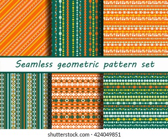 Set of six blue colored ethnic patterns. Background in the boho style, geometric vector seamless patterns.Seamless vector tribal texture.