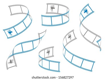 Set of six blue curl film stripes with movie camera icon on a white background