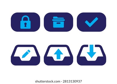 Set of six blue flat icons representing security delete success and data transfer