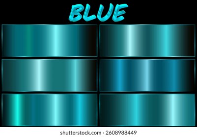 A set of six blue gradients with outline on black background. Metallic gradient effects for text and infographic design. A metallic flag. blue gradient..