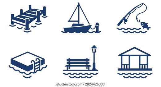 Set of six blue icons representing maritime and waterfront elements