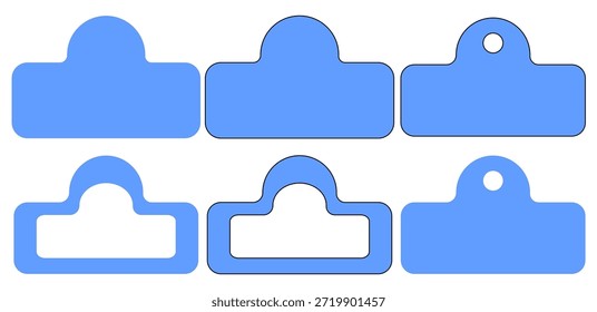 A set of six blue label tags with rounded tops, displayed in two rows. The top row features solid tags, while the bottom row includes variations with cutouts. These versatile tags are ideal for use in luggage labeling, gift wrapping, retail signage, product packaging, and holiday decorations.