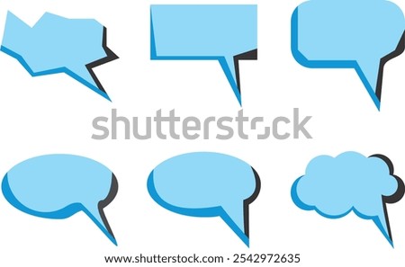 A set of six blue speech bubbles in various shapes, perfect for comics, presentations, or graphic design projects. Each bubble has a unique design, adding versatility to your creative work.