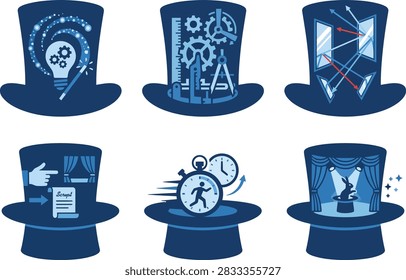 A set of six blue top hat icons representing various concepts including creativity, engineering, physics, scriptwriting, time management, and magic shows.