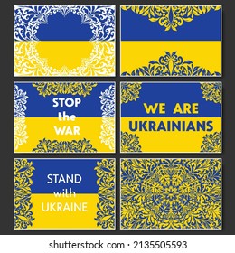 Set of six blue and yellow colour frames with floral swirl patterns. Floral banners with different shape decoration. Templates for Ukraine support posters in 2022 war with Russia