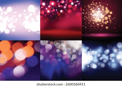 Set of six bokeh backgrounds with vibrant glowing circles in various colors, perfect for dreamy and festive designs.