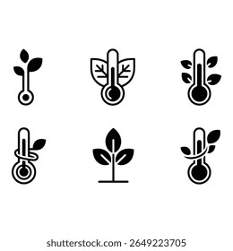 Set of Six Bold Black Icons Thermometer and Plant Growth Ecology Sustainability Temperature Control