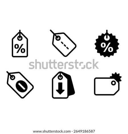 Set of Six Bold Black Price Tags Icons Discount Sale Download Percentage Symbols Modern Minimalist Style
