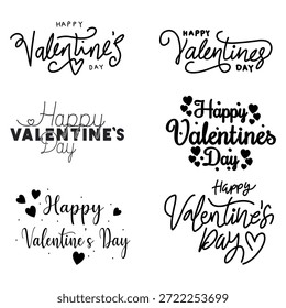 Un conjunto de seis audaces "Feliz Día de San Valentín" citas con letras a mano en tinta negra. Tipografía de Profesional para encabezados de tarjetas, estampados de camisetas y materiales de marketing digital.