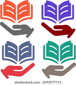 A set of six book and hand icons symbolizing learning, support, and wisdom. Designed with vibrant colors and clean lines, perfect for libraries, education, publishing, and academic branding