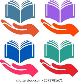 A set of six book and hand icons representing learning, wisdom, and guidance. Featuring bold colors and simple yet elegant design, these icons are perfect for libraries, publishers, and educational