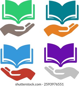 A set of six book and hand logo icons symbolizing learning, support, and wisdom. Designed with clean lines and bold colors, ideal for academic, publishing, and literacy-related projects