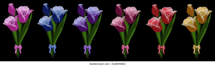 Set of six bouguets with  bow on black background.Colorful tulips flowers gentle colors. Vector illustration