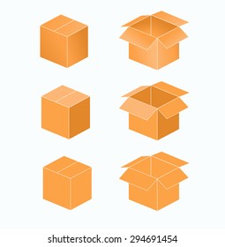 A set of six box illustrations, open and closed, with different shadings.