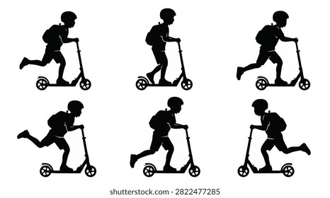 A set of six boy riding scooty in various poses silhouette vector illustration on a white background