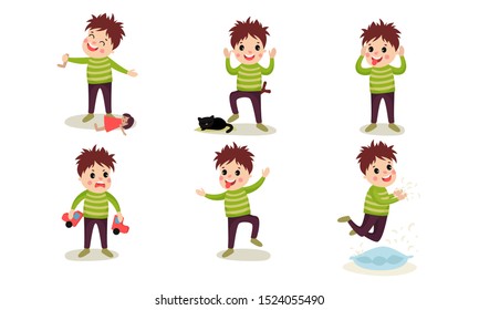 Set With Six Boys Of Destructive Behaviour Vector Illustrations Cartoon Characters