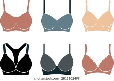 Set of six bra illustrations highlighting varied strap styles, cup shapes, and fashionable details, ideal for lingerie design, apparel concepts, and clothing fashion projects
