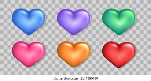 Set of six bright 3d rendering shiny hearts isolated on transparent background. Heart shapes different color for decoration. Vector illustration EPS 10