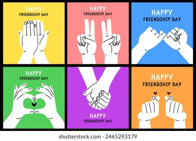 A set of six bright cartoon flat style friendship posters with hands. Friendship card design. International Friendship Day
