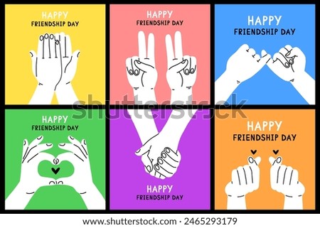 A set of six bright cartoon flat style friendship posters with hands. Friendship card design. International Friendship Day