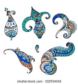 Set of six bright colored indian paisley hand drawn elements