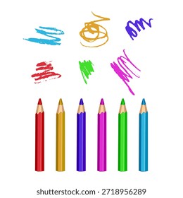 Conjunto de seis lápices de colores brillantes (rojo, amarillo, púrpura, rosa, verde, azul) con garabatos dibujados a mano por encima de cada uno. Diseño minimalista y limpio sobre un fondo blanco. Perfecto para temas de regreso a la escuela, proyectos de arte para niños