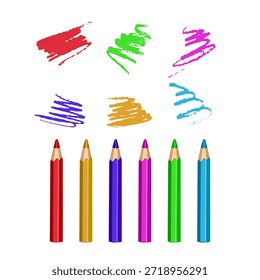 Set of six bright colored Pencils (red, yellow, purple, pink, green, blue) with hand-drawn scribbles above each one. Minimalist and clean design on a white background. Perfect for back-to-school themes, children's art projects