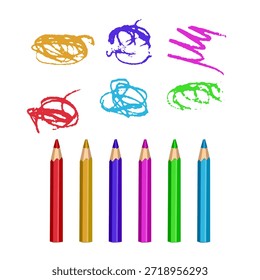 Conjunto de seis lápices de colores brillantes (rojo, amarillo, púrpura, rosa, verde, azul) con garabatos dibujados a mano por encima de cada uno. Diseño minimalista y limpio sobre un fondo blanco. Perfecto para temas de regreso a la escuela, proyectos de arte para niños