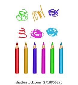 Conjunto de seis lápices de colores brillantes (rojo, amarillo, púrpura, rosa, verde, azul) con garabatos dibujados a mano por encima de cada uno. Diseño minimalista y limpio sobre un fondo blanco. Perfecto para temas de regreso a la escuela, proyectos de arte para niños