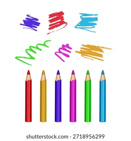 Conjunto de seis lápices de colores brillantes (rojo, amarillo, púrpura, rosa, verde, azul) con garabatos dibujados a mano por encima de cada uno. Diseño minimalista y limpio sobre un fondo blanco. Perfecto para temas de regreso a la escuela, proyectos de arte para niños