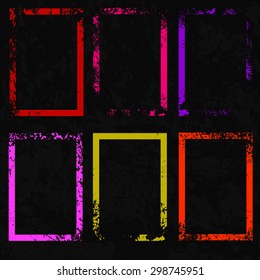 Set of six bright colorful rectangular framework. Grunge style. On a black background. Vector eps 10.