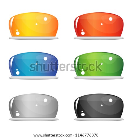 A set of six bright glass buttons, similar to the jelly shape. Front view, side view. Yellow, red, blue, green, white and black. Vector