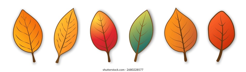 Un conjunto de seis hojas de otoño brillantes, simples de diferentes colores y Formas con una sombra sobre un fondo blanco. Follaje de dibujos animados para el diseño estacional. Vector 10.