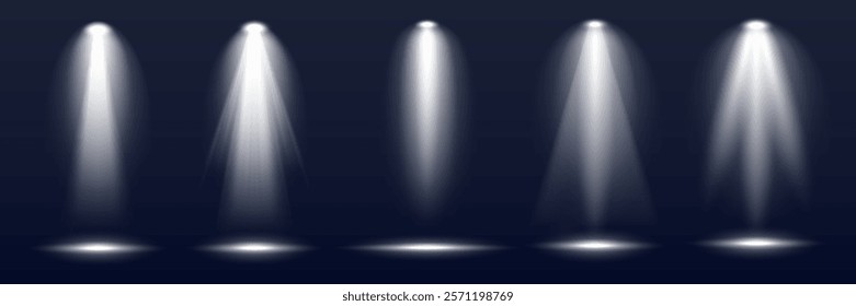 Set of six bright spotlights shining down, illuminating dark space. Spotlights create focused beams, highlighting areas. Perfect for stage or event lighting effects. Overlay effect vector element set.