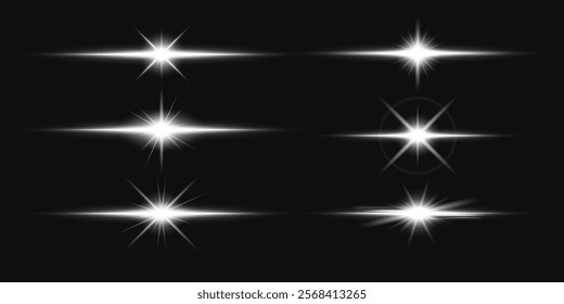 Set of six bright white starbursts on a black background. Starbursts vary in size and shape, creating a dynamic, radiant effect. Starbursts add sparkle and shine. Overlay effect vector element set.