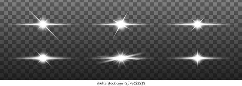 Set of six bright, white starbursts on a transparent background. Each starburst radiates light, creating a sparkling, glowing effect. Perfect for design use. Light effect vector set.