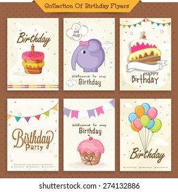 Set of six Brirthday Invitation Cards decorated with sweet cake, colorful balloons and cartoon elephant.