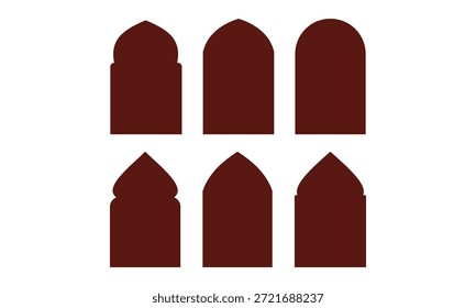 Set of six brown arch shapes in varied silhouettes, inspired by architectural niches. Minimal geometric design for pattern, template, decoration, layout, and architectural illustration use.