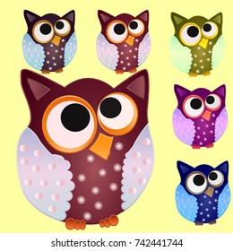 Set of six Brown owl with blue wings in speckled and centered eyes