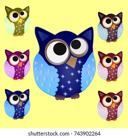 Set of six Brown owl with blue wings in stars and eyes centered on the center