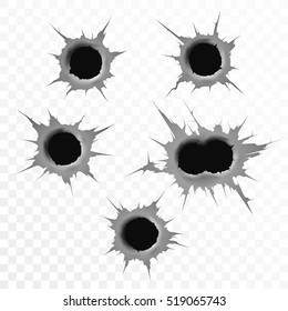 Set of six bullet holes. Isolated on white transparent background. Vector illustration, eps 10.