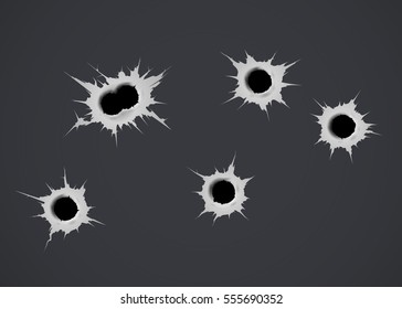 Set Of Six Bullet Holes. Isolated On Black Background. Vector Illustration, Eps 10.