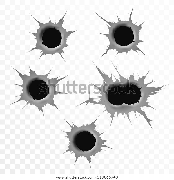 Set of six bullet holes.\
Isolated on white transparent background. Vector illustration, eps\
10.
