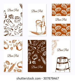Set of six business cards. Beer company. Restaurant theme. Vector illustration.