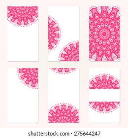Set of six business cards. Vintage pattern in retro style with ornament. Hand drawn Islam, Arabic, Indian, lace pattern