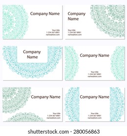 Set of six business cards. Vintage pattern in retro style with ornament