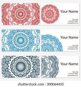 Set of six business cards. Vintage pattern in retro style with ornament. Hand drawn Islam, Arabic, Indian, lace pattern