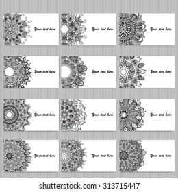 Set of six business cards. Vintage pattern in retro style with mandala. Hand drawn Islam, Arabic, Indian, lace pattern