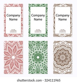 Set of six business cards. Vintage pattern in retro style with mandala. Hand drawn Islam, Arabic, Indian, lace pattern