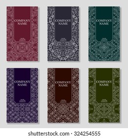 Set of six business cards. Vintage pattern in retro style with mandala. Hand drawn Islam, Arabic, Indian, lace pattern